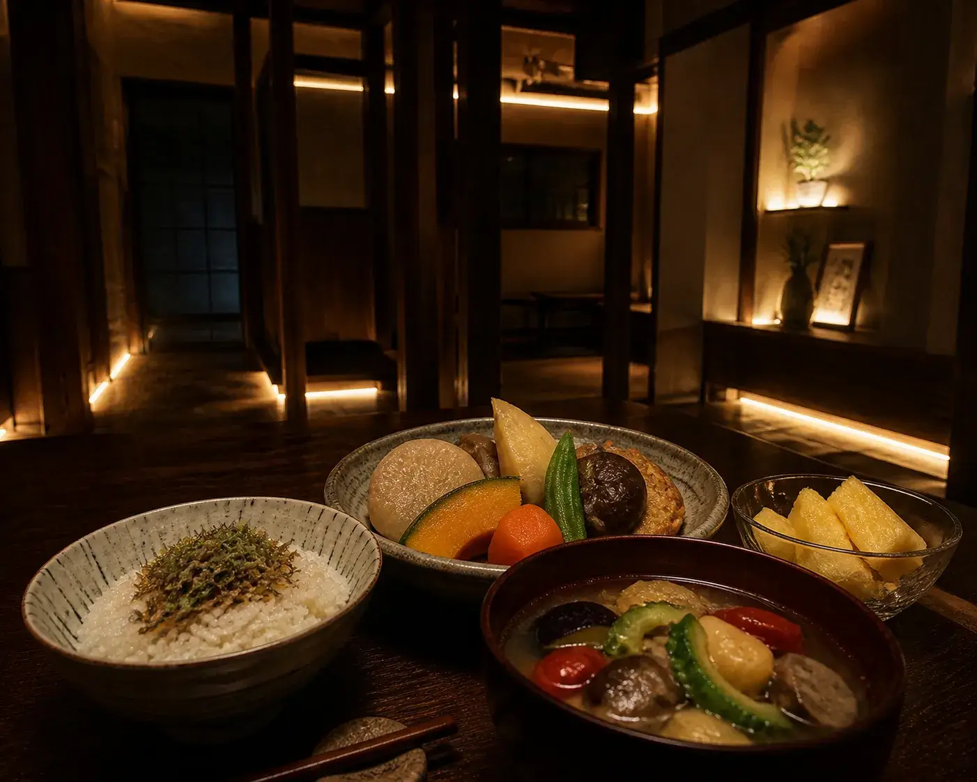 食卓の料理は、米飯に小魚ふりかけ。皿に熊本の地元の食材のさつま芋とじゃがいもとカボチャと人参と玉ねぎとオクラを生姜と椎茸と牛蒡と魚のすり身の丸天で蒸し煮合わせ。熊本の地元の食材の茄子、さつま芋、ゴーヤ、赤ピーマン、玉ねぎ、椎茸のコンソメスープ。一口大にカットしたパイナップル。